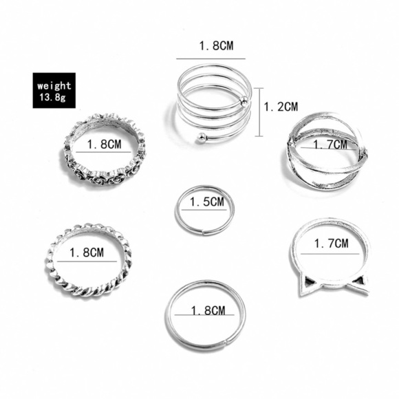 Any 2/$20! Set 7 Antiqued Silver Boho Midi Rings - Picture 5 of 7